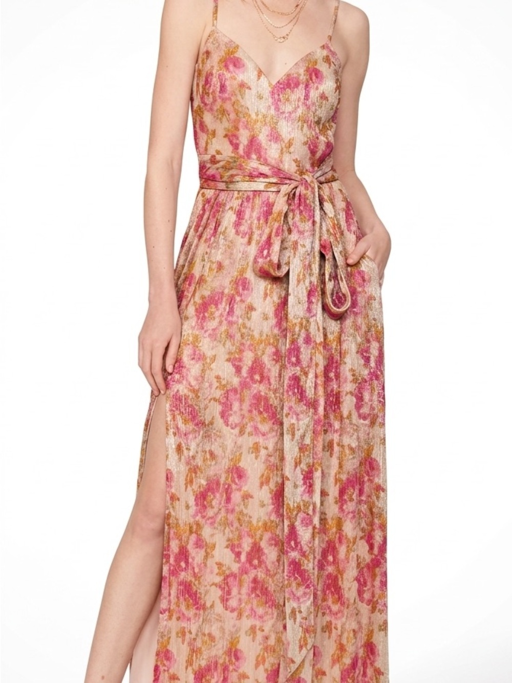 Dress the Population Chrissy Gown - Pink Floral Metallic Pleated Maxi - Size XS